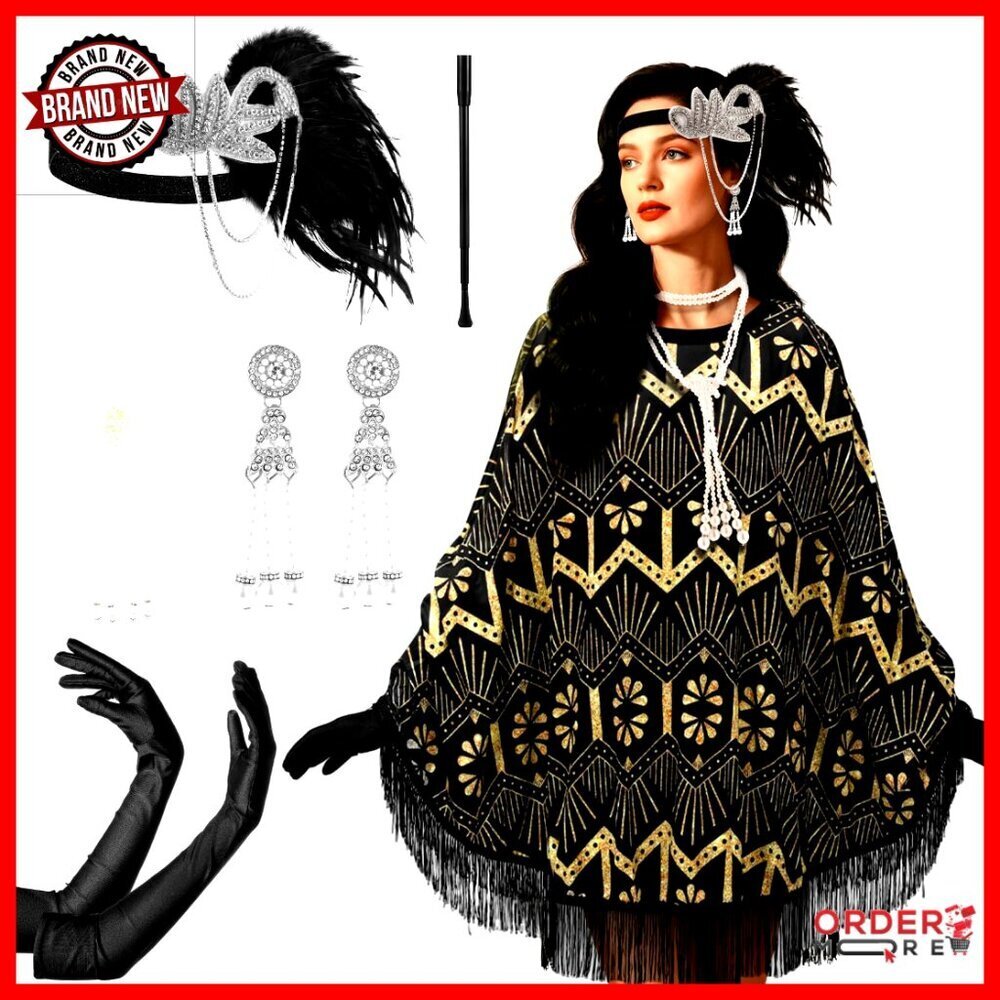 1920s Flapper Costume Accessories Set with Fringed Poncho and Gloves